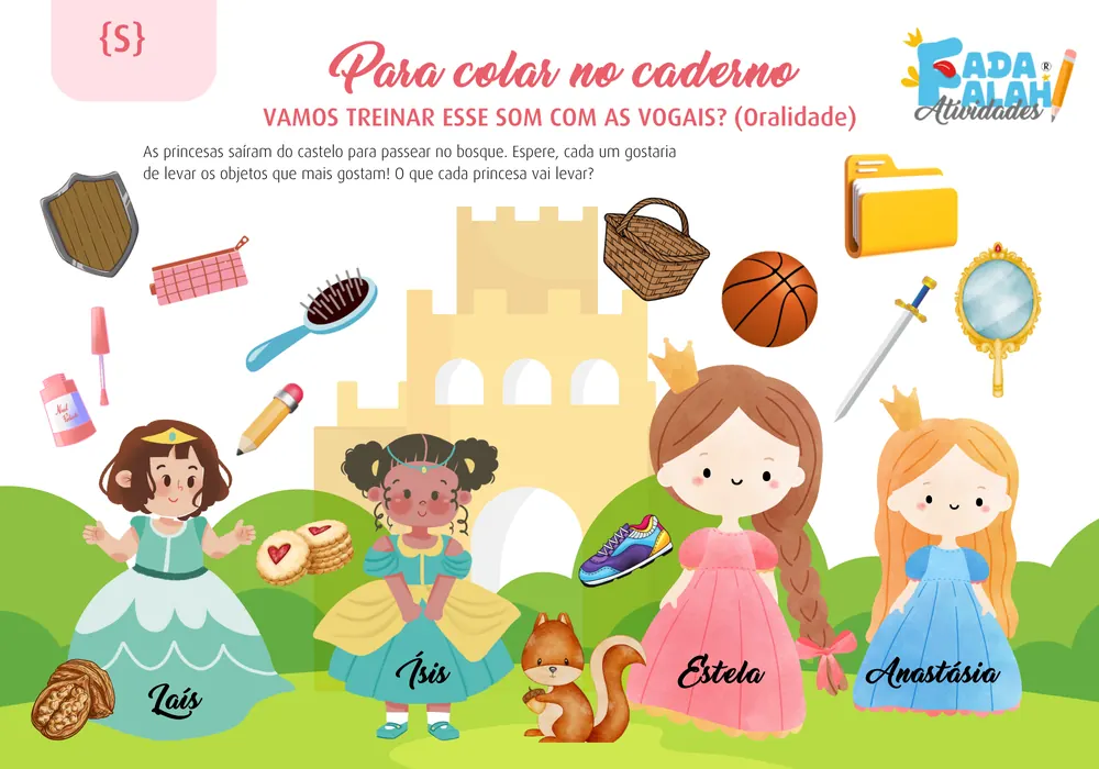 Página do Kit Arquifonema S, atividade das princesas no castelo