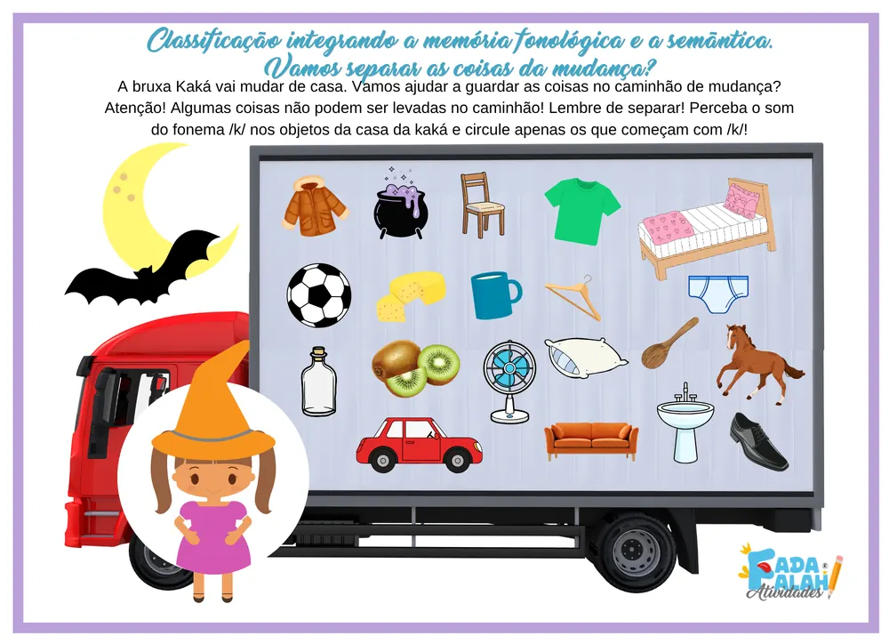 Página do fonema /K/, atividade de classificação com a Bruxa Kaká