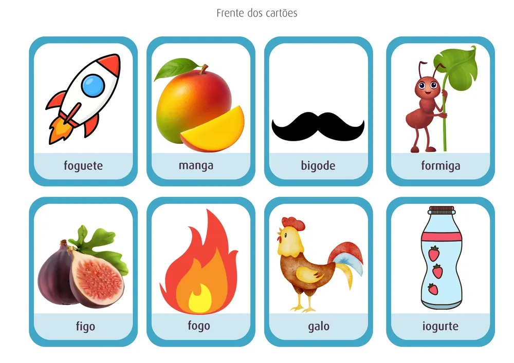 Cartas do Jogo Fonema /G/, frente dos cartões ilustrados